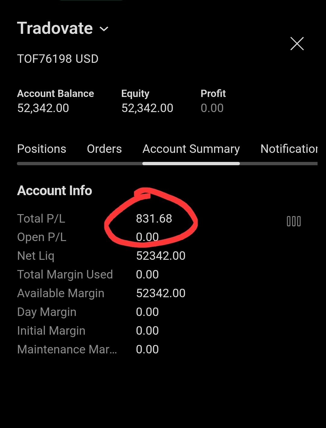 Tradovate — Account balance $52,342 with $831.68 P/L